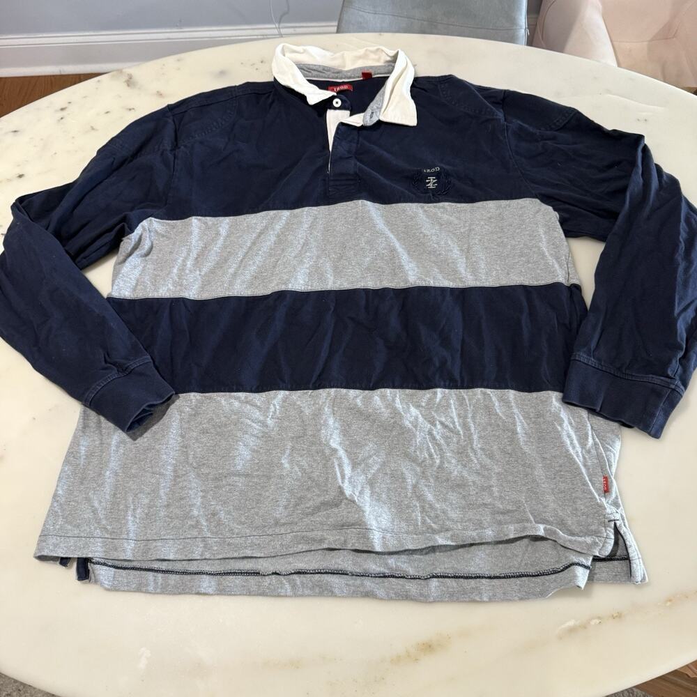 IZOD Men’s 2XLT Big & Tall Rugby Shirt Striped Polo Long Sleeve Navy Gray White